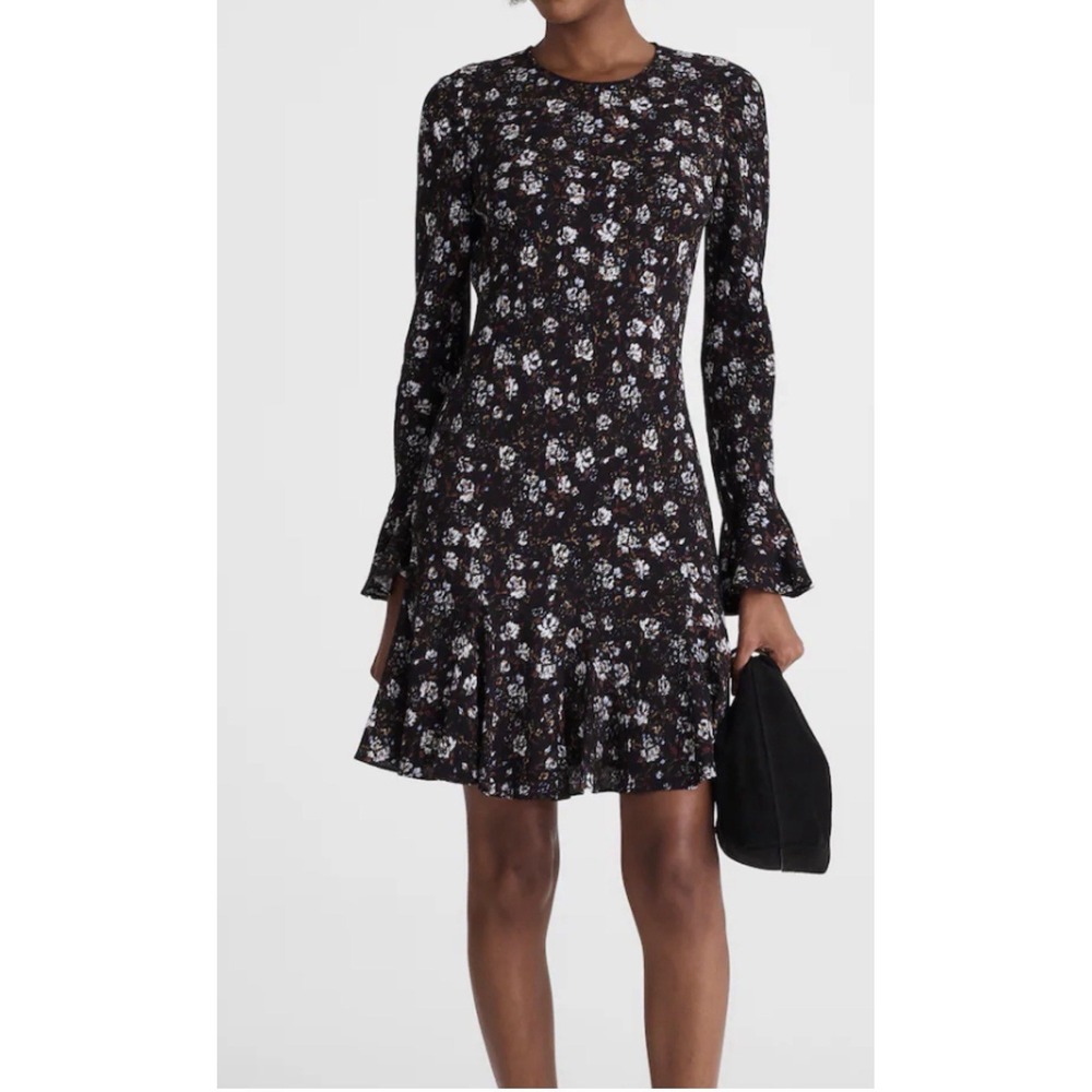 Madewell  Flare Mini‎ Dress Black Floral  Size8 Long Flare Sleeve Whimsical